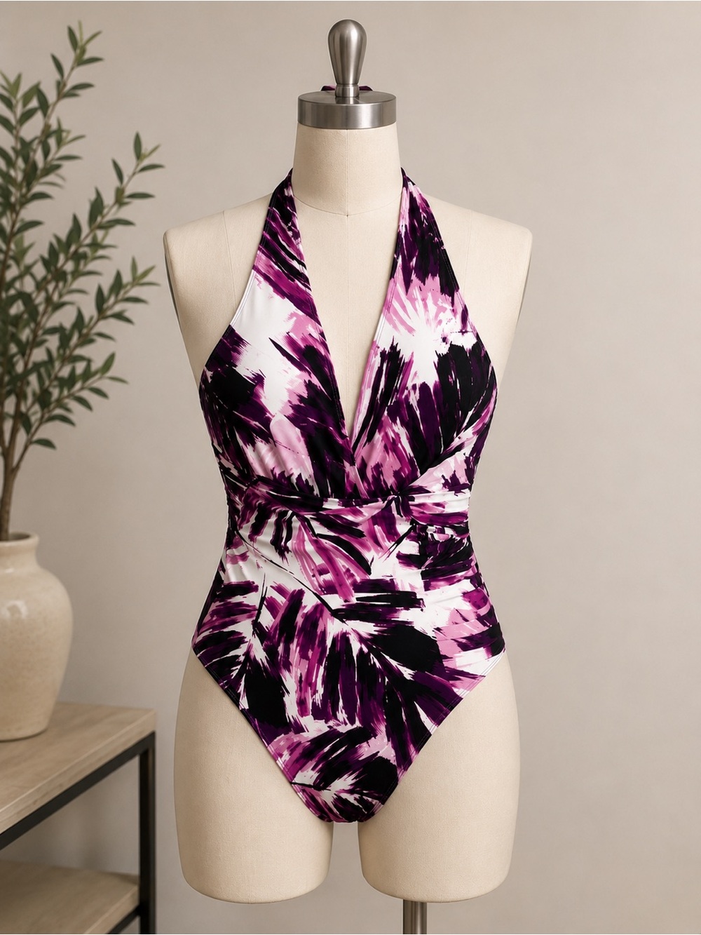 Calvin Klein Purple and White Brushstroke One-Piece
